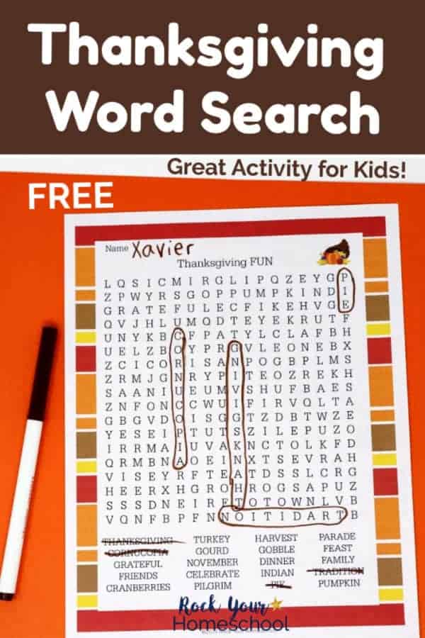 Thanksgiving word search printable with brown marker on orange paper