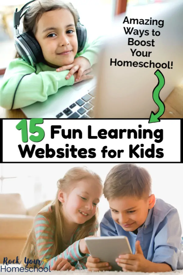 A little girl smiling at laptop and two kids using laptop to feature these 15 fun learning websites for kids