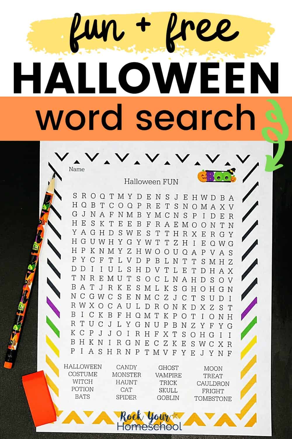 Halloween word search on black background with Halloween pencil and orange eraser to feature the awesome holiday fun your kids will have with this free printable activity