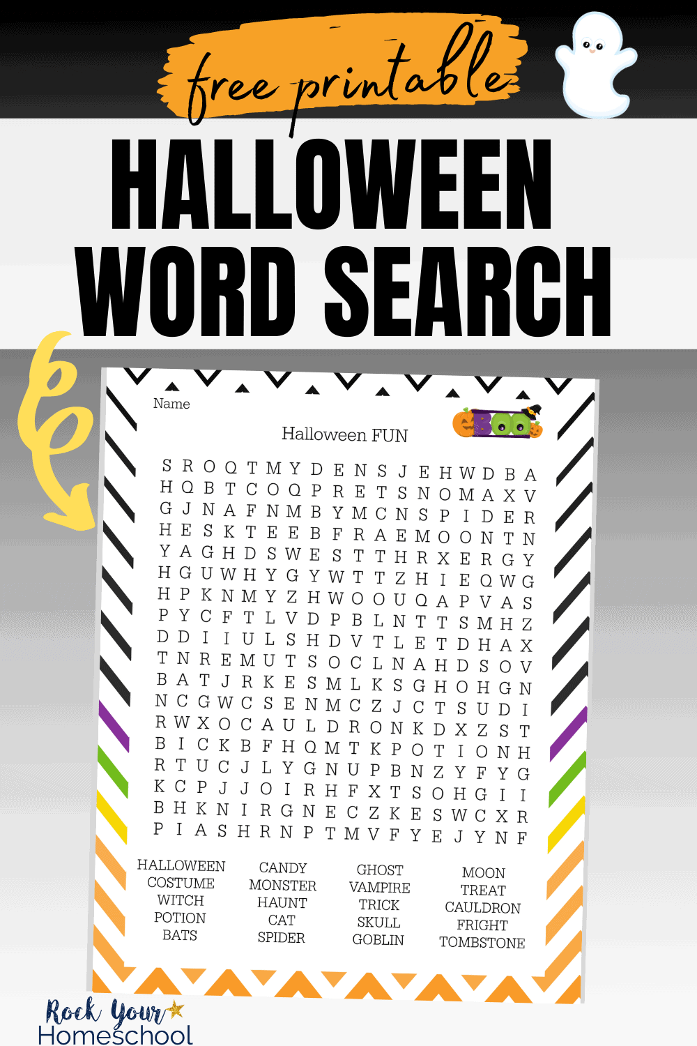 Halloween word search printable on black gradient background to feature the amazing fun your kids will have with this free printable activity