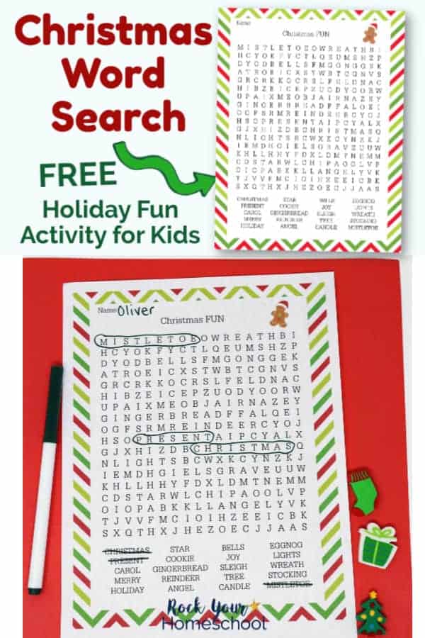 Christmas Word Search printable page on red background with black marker & holiday-themed mini-erasers