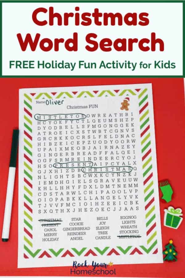 Christmas Fun Word Search with black marker & Christmas-themed erasers on red background