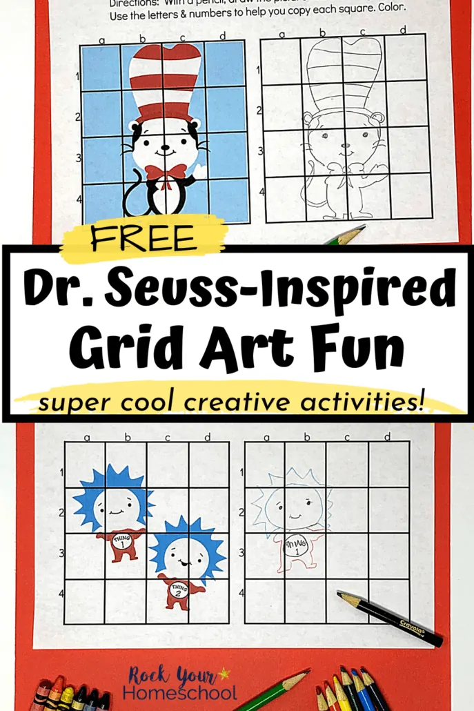 The Cat in the Hat and Thing 1 & Thing 2 Dr. Seuss Grid Art activities included in this free pack that inspired creative drawing fun
