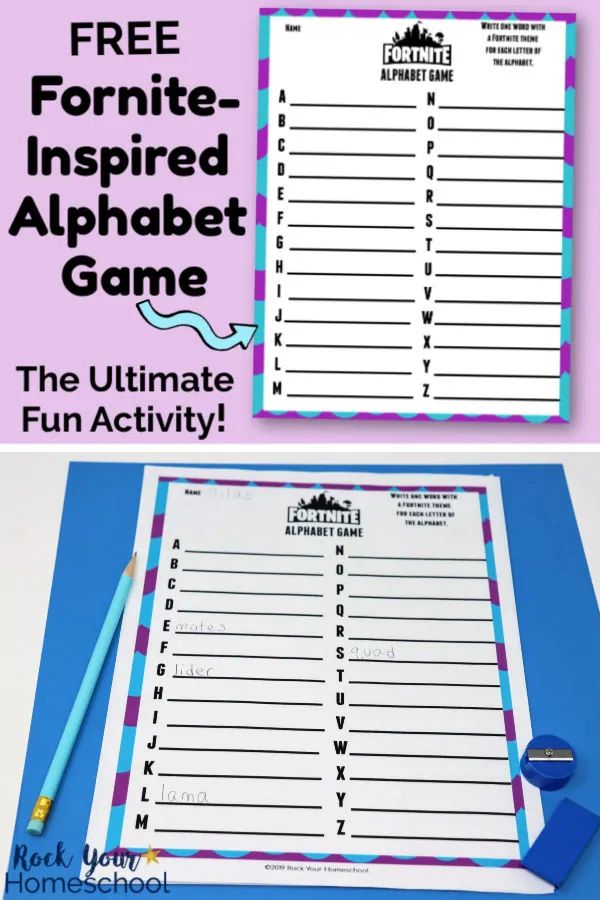 Free Fortnite-Inspired Alphabet Game on light purple background and free printable page with light blue pencil, blue pencil sharpener, &amp; blue eraser on blue paper