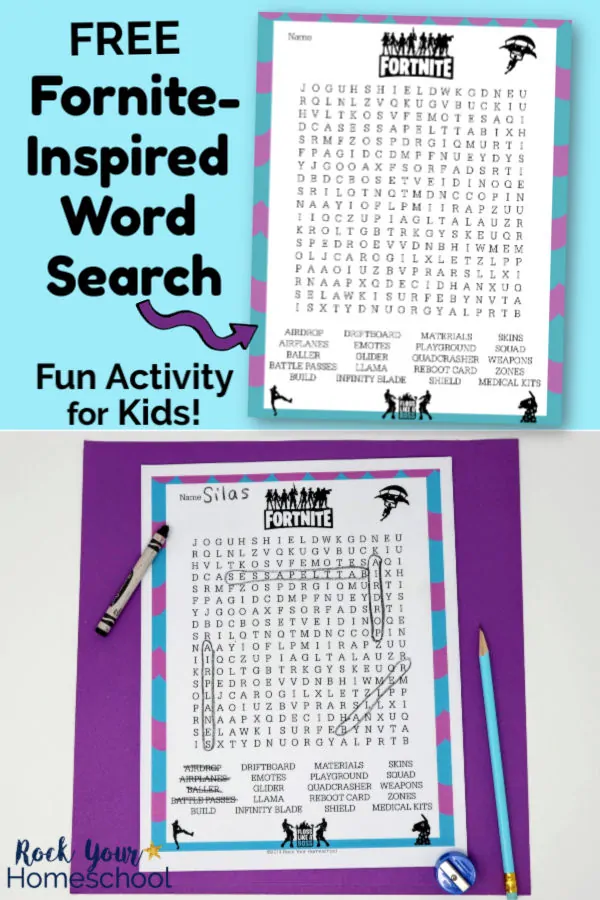 Free Fortnite-Inspired Word Search on light blue background and free printable word search page with black crayon, light blue pencil, and blue pencil sharpener on purple paper