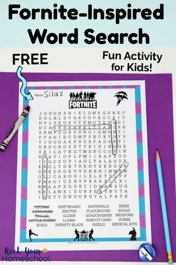 Free printable Fortnite-Inspired Word Search with black crayon, light blue pencil, & blue pencil sharpener on purple paper