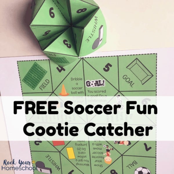 Woman holding free soccer cootie catcher with printable page in background with blue scissors and small foam soccer ball to feature the fantastic fun you\'ll have with this activity for parties, soccer teams, goody bags, rainy day fun, and more