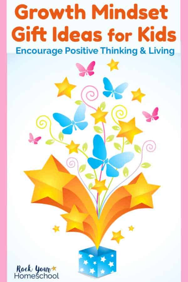 Blue box with white polka dots & gold shooting stars, blue & pink butterflies on white background for a special growth mindset gift for kids