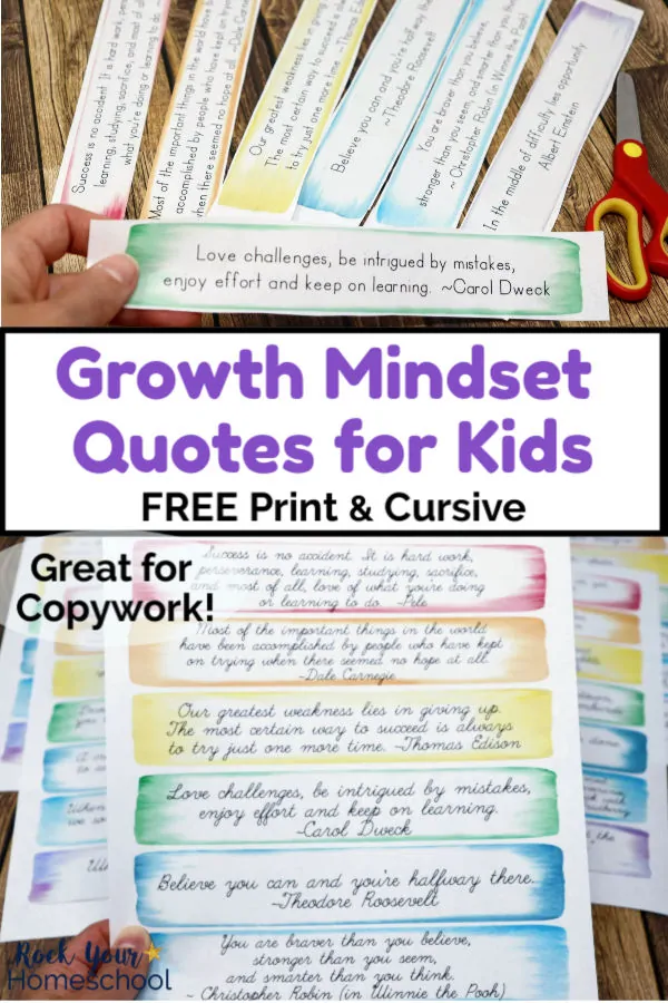 Woman holding growth mindset quote for kids with other quote paper strips and scissors on wood background and page of growth mindset quotes with rainbow of watercolor frames with wood background
