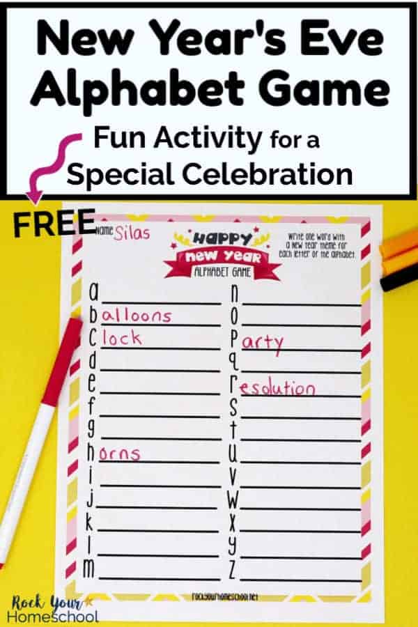 free printable New Year\'s Eve alphabet game with markers on yellow background