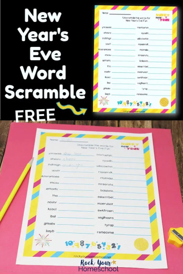New Year's Eve Word Scramble printable on black background and printable page with yellow pencil & yellow pencil sharpener on pink paper