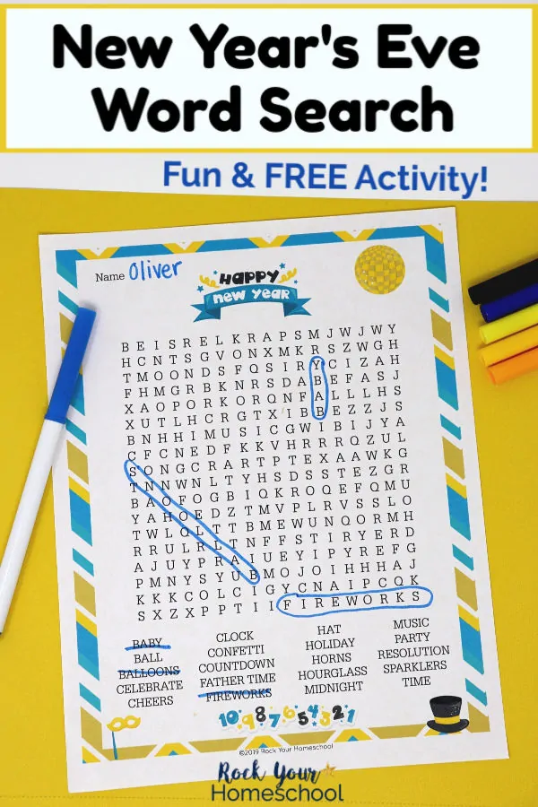 New Year's Eve Word Search with markers on yellow paper