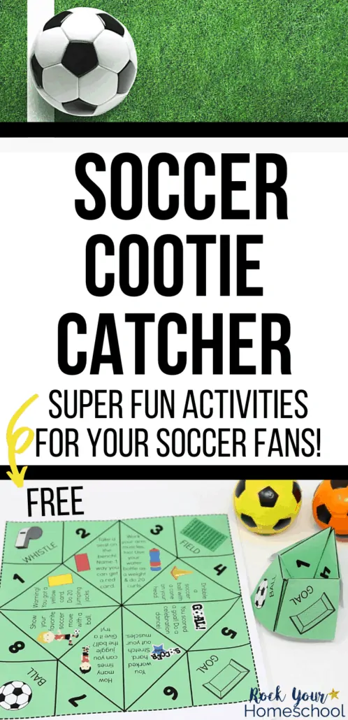 Soccer cootie catcher page and activity with yellow &amp; orange toy soccer balls plus real soccer ball on grass to feature the excellent interactive fun you can have with your kids using this free soccer printable