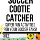 Soccer cootie catcher page and activity with yellow & orange toy soccer balls plus real soccer ball on grass to feature the excellent interactive fun you can have with your kids using this free soccer printable