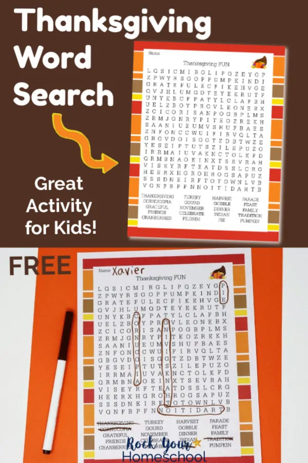 Thanksgiving Word Search on brown background & printable page on orange background with brown marker