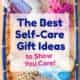 Straw basket with blue border is filled with self-care items like lotions, bath oils, shampoos, soaps, wash cloths, sponges, & flowers