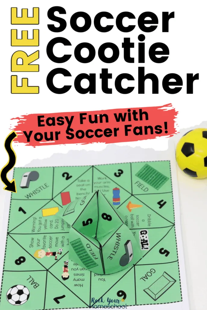 Soccer cootie catcher with small yellow soccer ball toy to feature the fantastic fun you can have with your soccer fans using this free printable activity