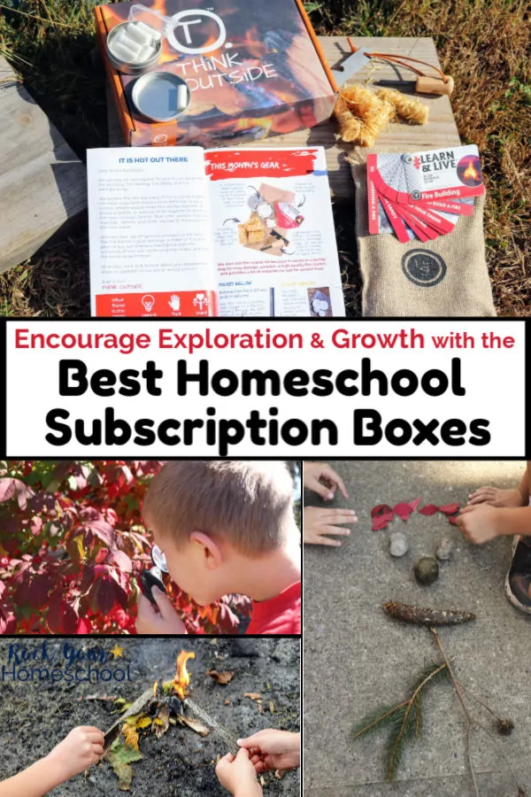 Materials from the Fire Safety box from THiNK OUTSiDE BOXES and boy using magnifying glass to examine red leaves and two kids carefully adding bark to fire &amp; two kids using rocks, sticks, pine cone, &amp; red leaves to make nature art on sidewalk for outdoor learning fun