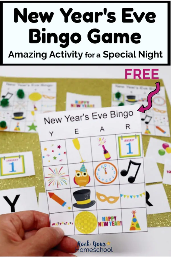 Woman holding New Year's Eve Bingo Game card with other game pieces on gold glitter background