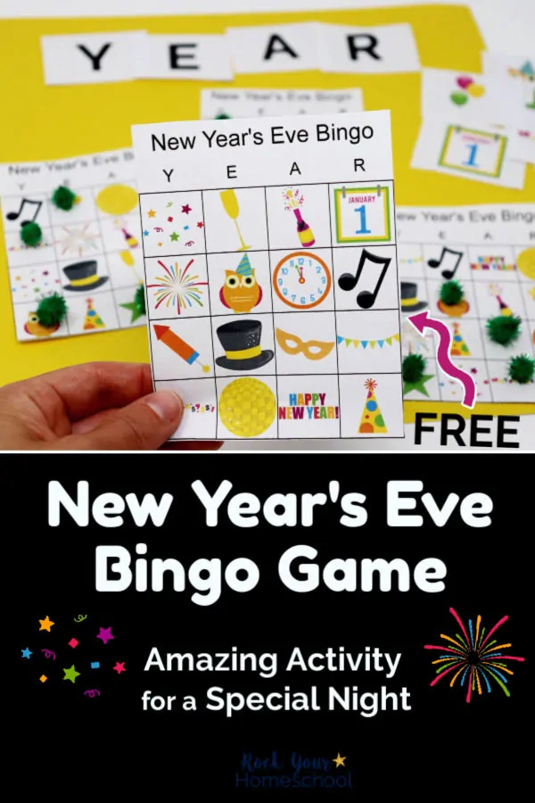 Woman holding New Year's Eve Bingo Card with other game pieces on yellow background