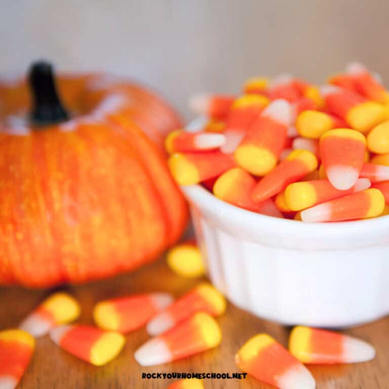 Pumpkin with bowl of candy corn to feature October Fun Days.