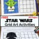 Star Wars-Inspired Grid Art activity printable featuring Yoda with pencil and yellow star pencil sharpener on wood background and Star Wars-Inspired Grid Art Activity printable featuring Darth Vader with crayons and pencil on wood background.