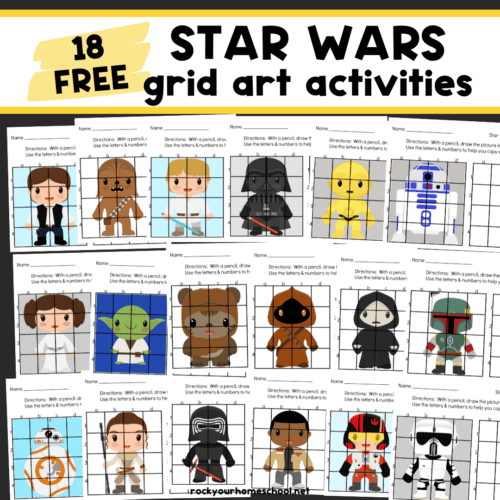 18 examples of free printable Star Wars grid art activities.