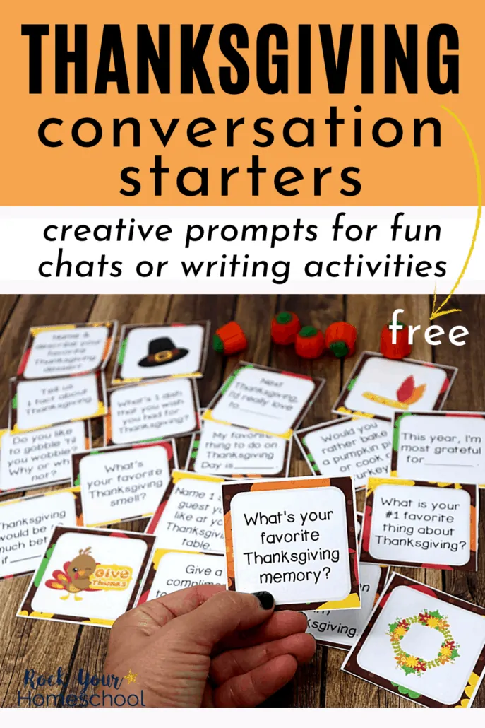 Woman holding Thanksgiving conversation starter card to feature how these conversation starters are fantastic for fun chats and writing activities