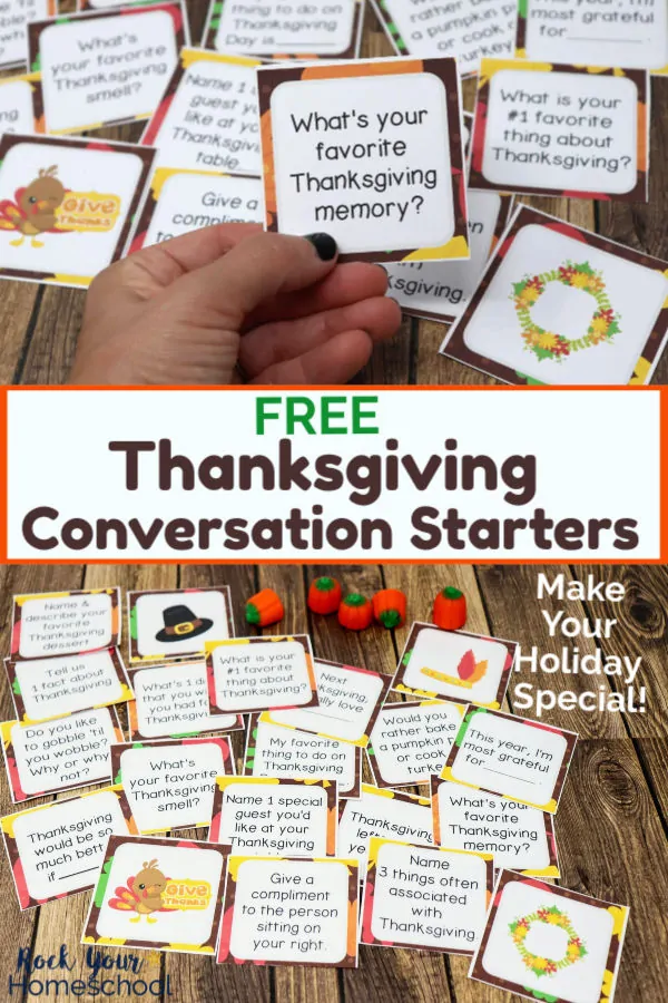 Woman holding a Thanksgiving Conversation Starter card with other cards on wood background and display of Thanksgiving Conversation Starters cards with candy pumpkins on wood background