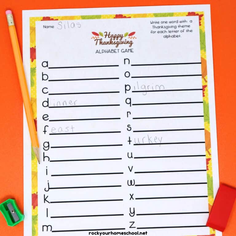 Example of free printable Thanksgiving alphabet game with pencil, pencil sharpener, and eraser.