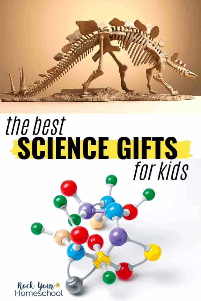 Dinosaur toy skeleton and toy atom molecule to feature the best science gifts for kids to make learning fun