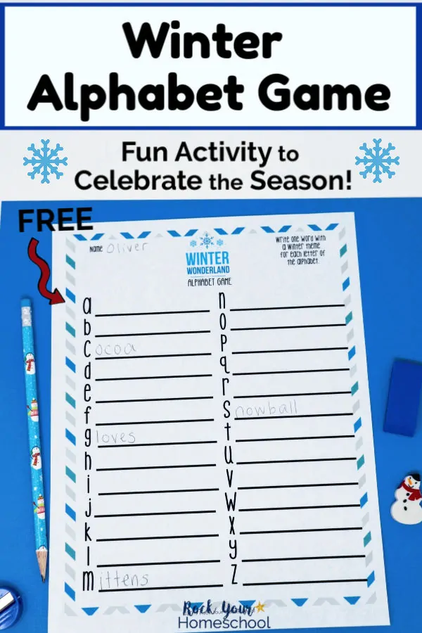 Free printable Winter Alphabet Game with snowman pencil, snowman mini-eraser, & blue eraser on blue background with snowflake clipart