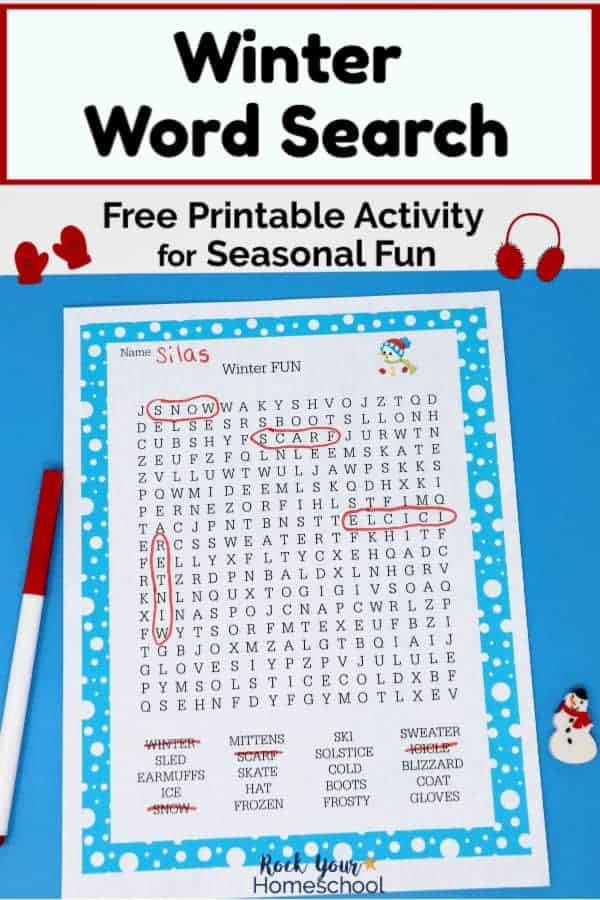 Winter Word Search printable page with red marker & snowman mini-eraser on light blue paper & red mittens and red ear muffs clipart