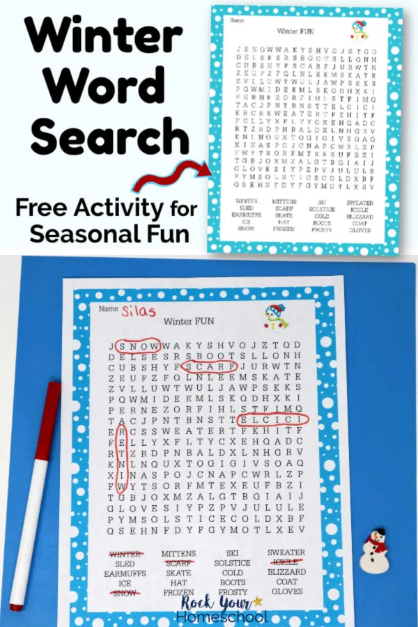 Winter Word Search printable on white background & printable page with red marker & snowman mini-eraser on blue paper