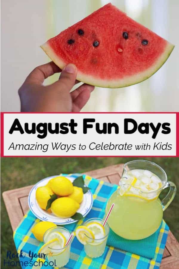 Child holding slice of watermelon and pitcher of lemonade &amp; glasses with bowl of lemons on blue plaid tablecloth &amp; wood table for wonderful ways to enjoy August Fun Days with kids