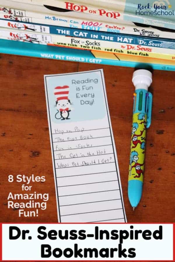 Dr. Seuss-Inspired bookmark with pen & books 