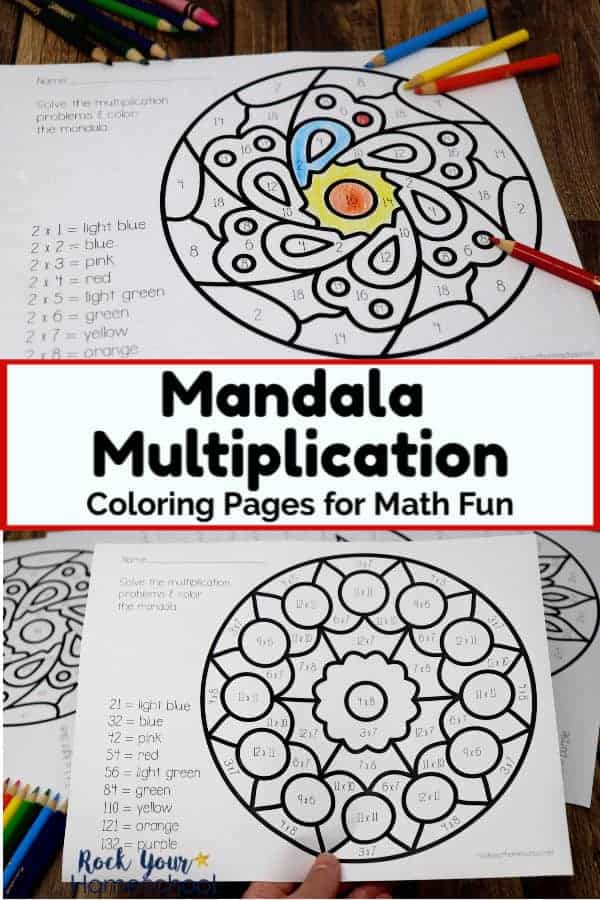 Mandala multiplication coloring page with rainbow of color pencils on wood background and woman holding mandala multiplication coloring page with other printable math activities in background