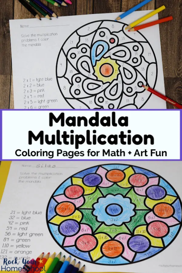 printable mandala multiplication coloring page with color pencils on wood background and colorful mandala multiplication printable page with rainbow of color pencils on yellow paper and wood background