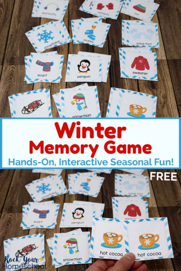 Winter Memory Game for kids cards on wood background and woman holding cookies & cocoa Winter Memory Game cards with other cards in background