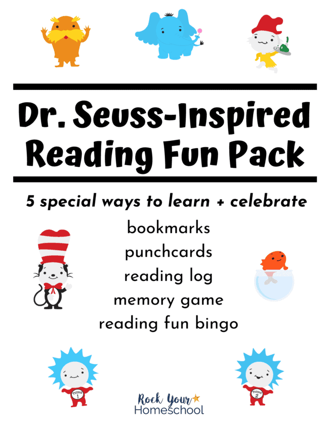Dr. Seuss-Inspired Reading Fun Pack with the Lorax, Horton, Sam-I-Am, The Cat in the Hat, Fish, Thing 1 and Thing 2 to feature the variety of reading fun resources you'll find in this set with bookmarks, punchcards, bingo, memory game, and reading log