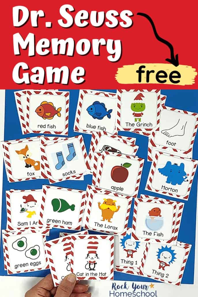 Woman holding Dr. Seuss memory game cards to feature the special fun you can have with your kids using this game