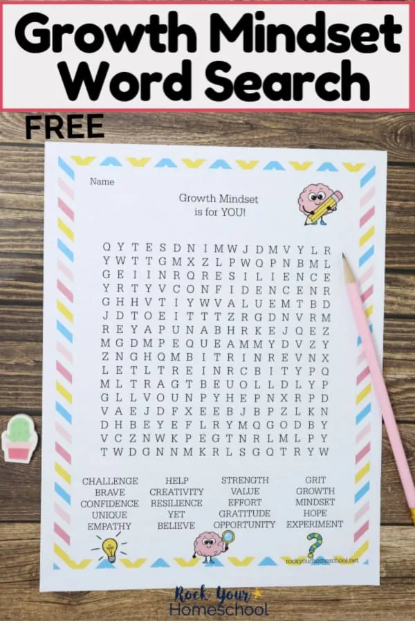 Free Growth Mindset Word Search with light pink pencil and cactus mini-eraser on wood background to feature how this free printable activity can help kids practice &amp; learning these important skills