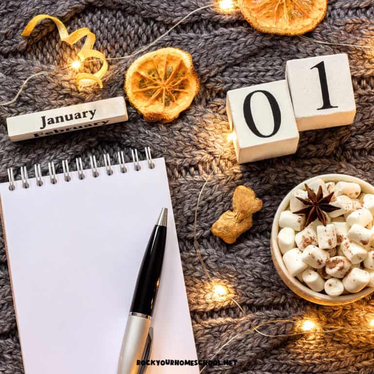 Notebook with pen, January, 01, dried orange slices, hot cocoa mug, and twinkle lights on gray knitted blanket to feature these January fun days for kids.