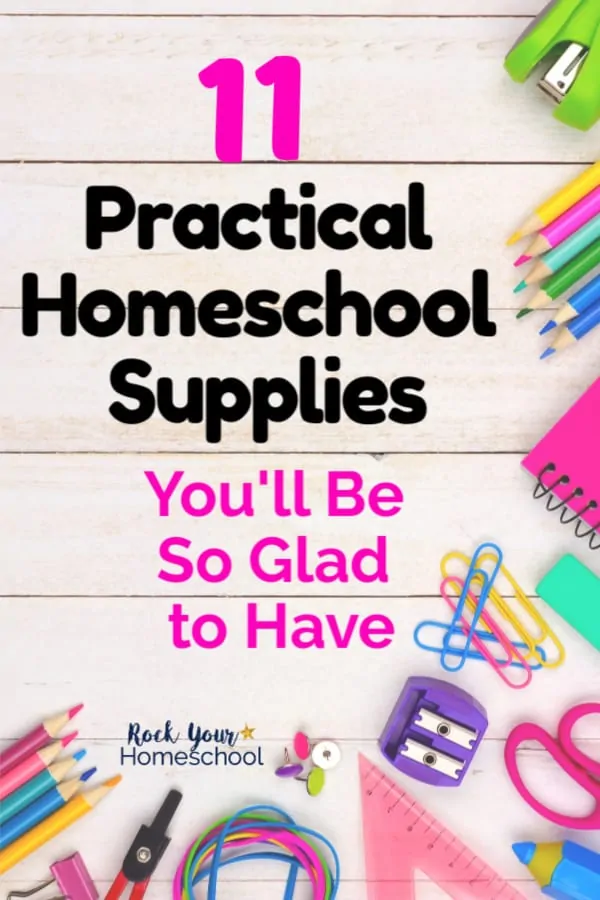 Variety of colorful homeschool supplies including green stapler, color pencils, bright notebooks, colorful paperclips, purple pencil sharpener and rainbow of rubberbands on white wood background to feature practical homeschool supplies for help homeschoolers thrive