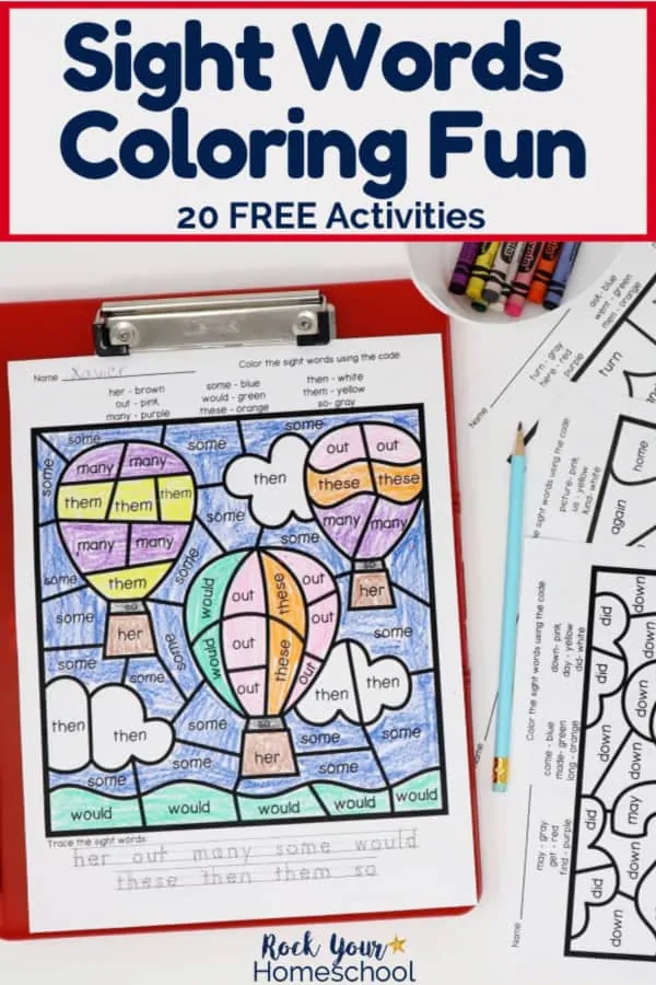 Sight words coloring page featuring hot air balloons on red clipboard with light blue pencil & crayons with other sight words coloring activities