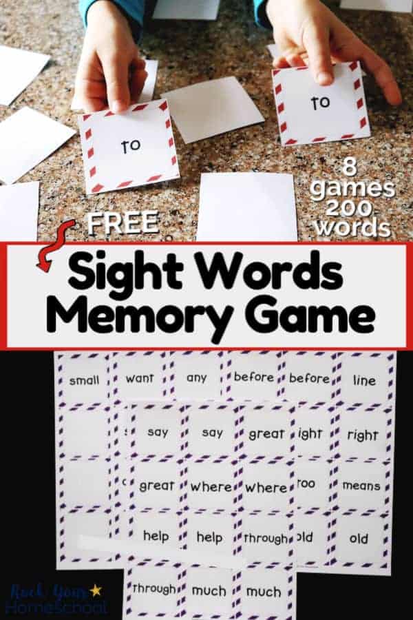 Boy holding matching pair of sight words memory game cards and group of sight words memory game cards to feature how these free printable games can boost reading fun for kids