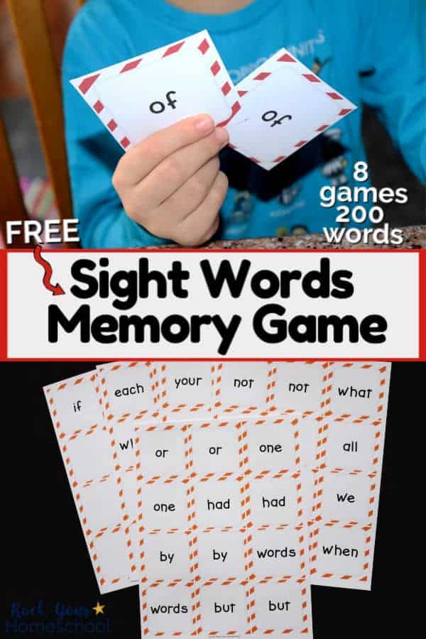 Boy holding matching pair of sight words memory game cards and group of sight words memory games cards on dark wood to show how you can extend the learning fun for learning how to read