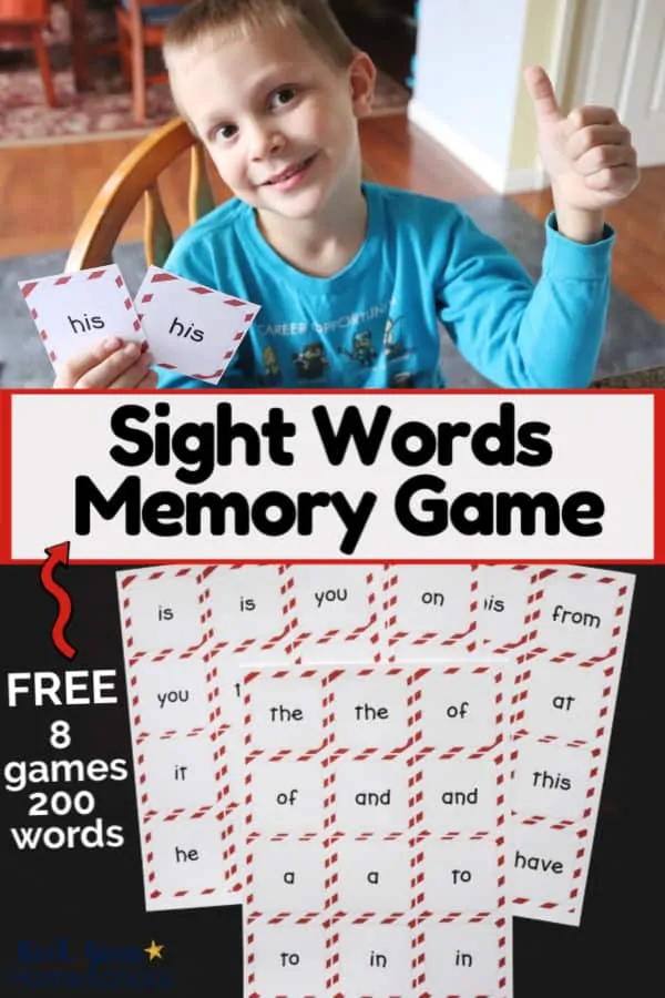 Boy smiling and giving a thumbs up as he holds a matching pair of sight words and group of sight words memory game cards on dark wood to feature learning fun with this sight words memory game