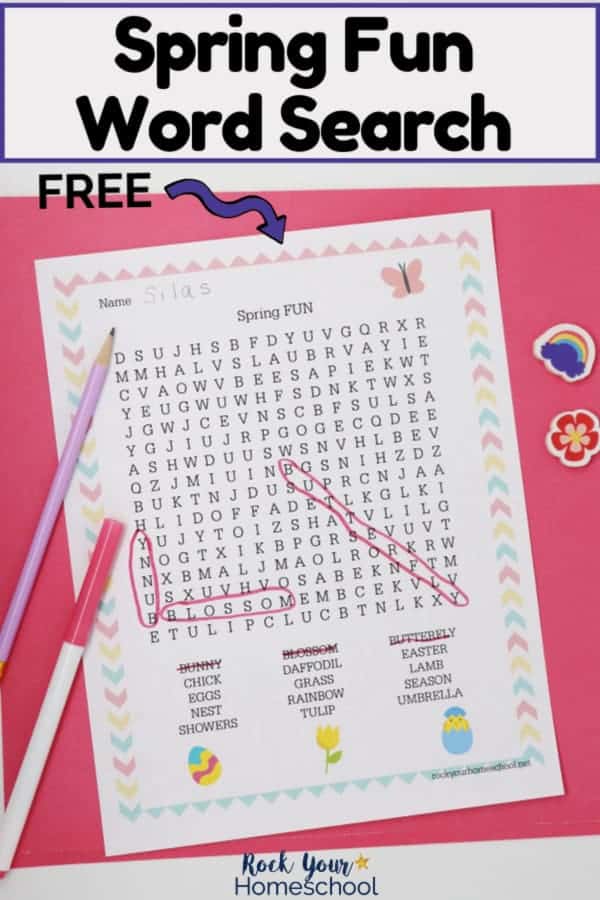 Free Spring Fun Word Search and pink marker &amp; light purple pencil &amp; mini-erasers on pink paper to feature the amazing fun your kids will have with this printable activity