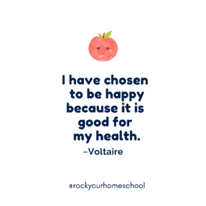 Cute smiling red apple to feature positive quote by Voltaire on choosing to be happy because it's good for health